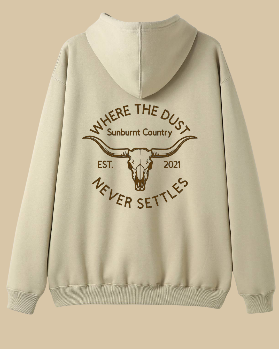 Sunburnt Country Clothing sand hoodie with text and longhorn skull design on the back