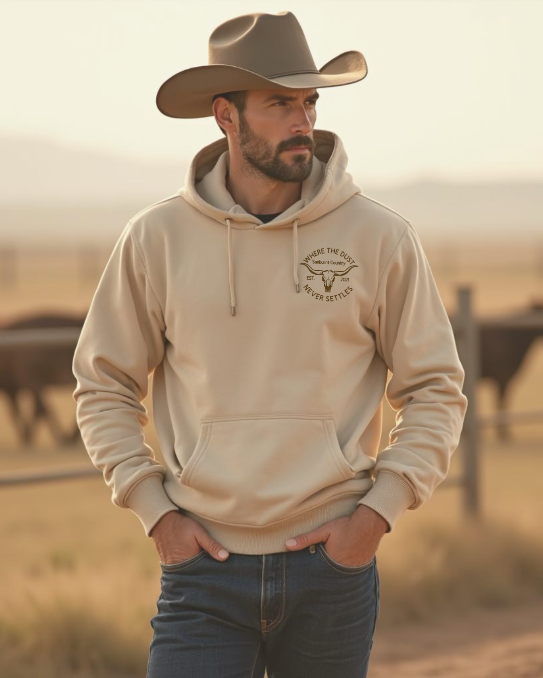 Front of a Male model wearing Sunburnt Country Clothing sand Heritage hoodie in rural setting