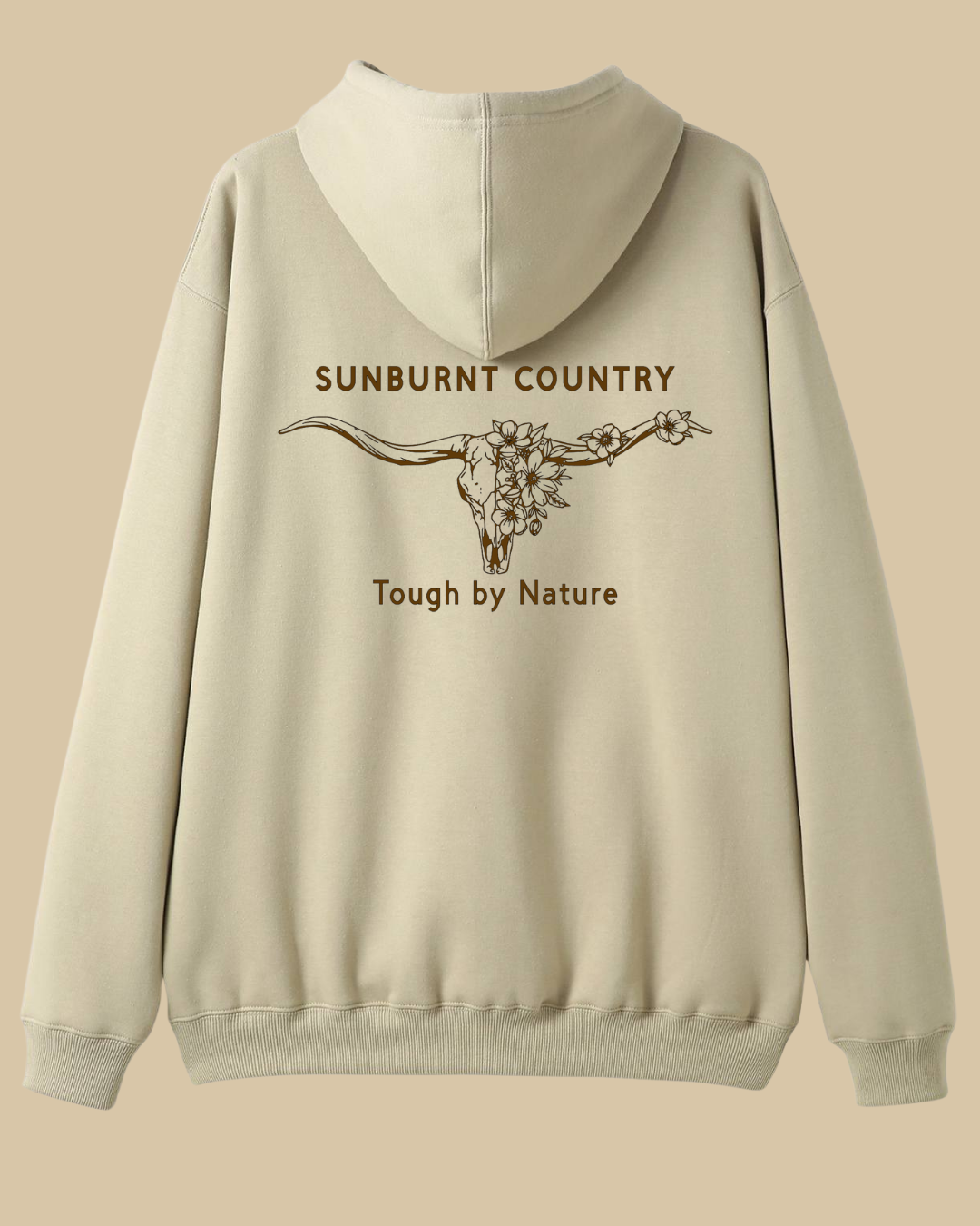 Sunburnt Country Clothing Sand hoodie with text and floral longhorn skull design on the back