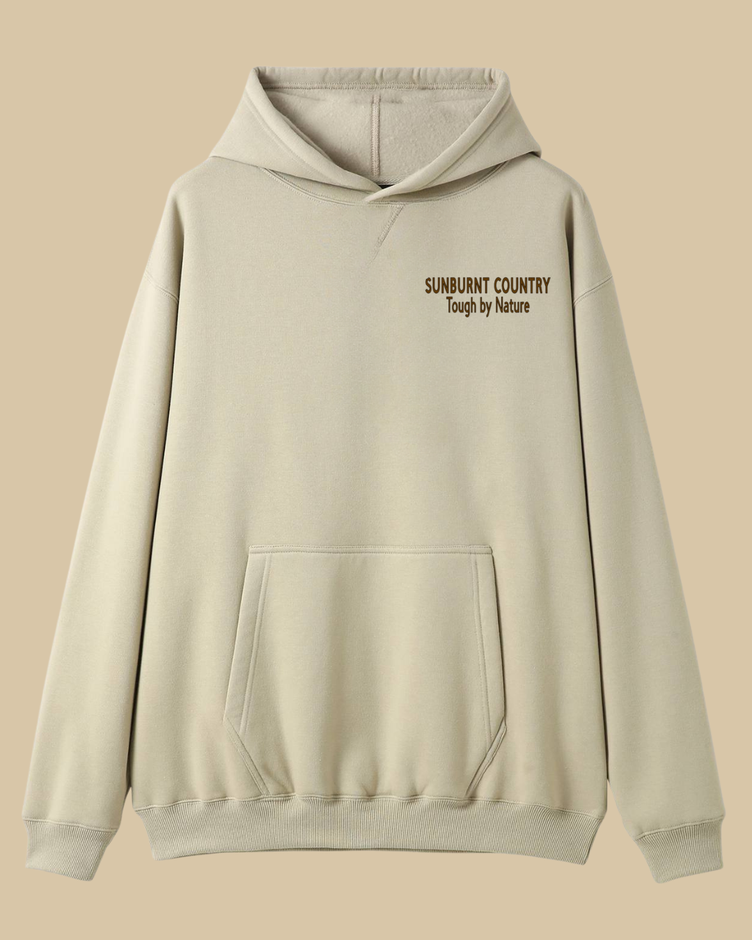 Sunburnt Country Clothing Sand hoodie with text on the front 