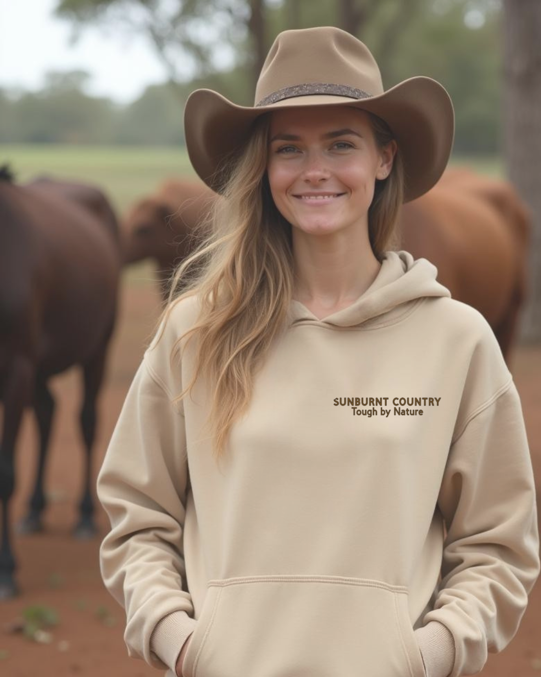 Female model wearing Sunburnt Country Clothing sand tough by nature hoodie in rural setting