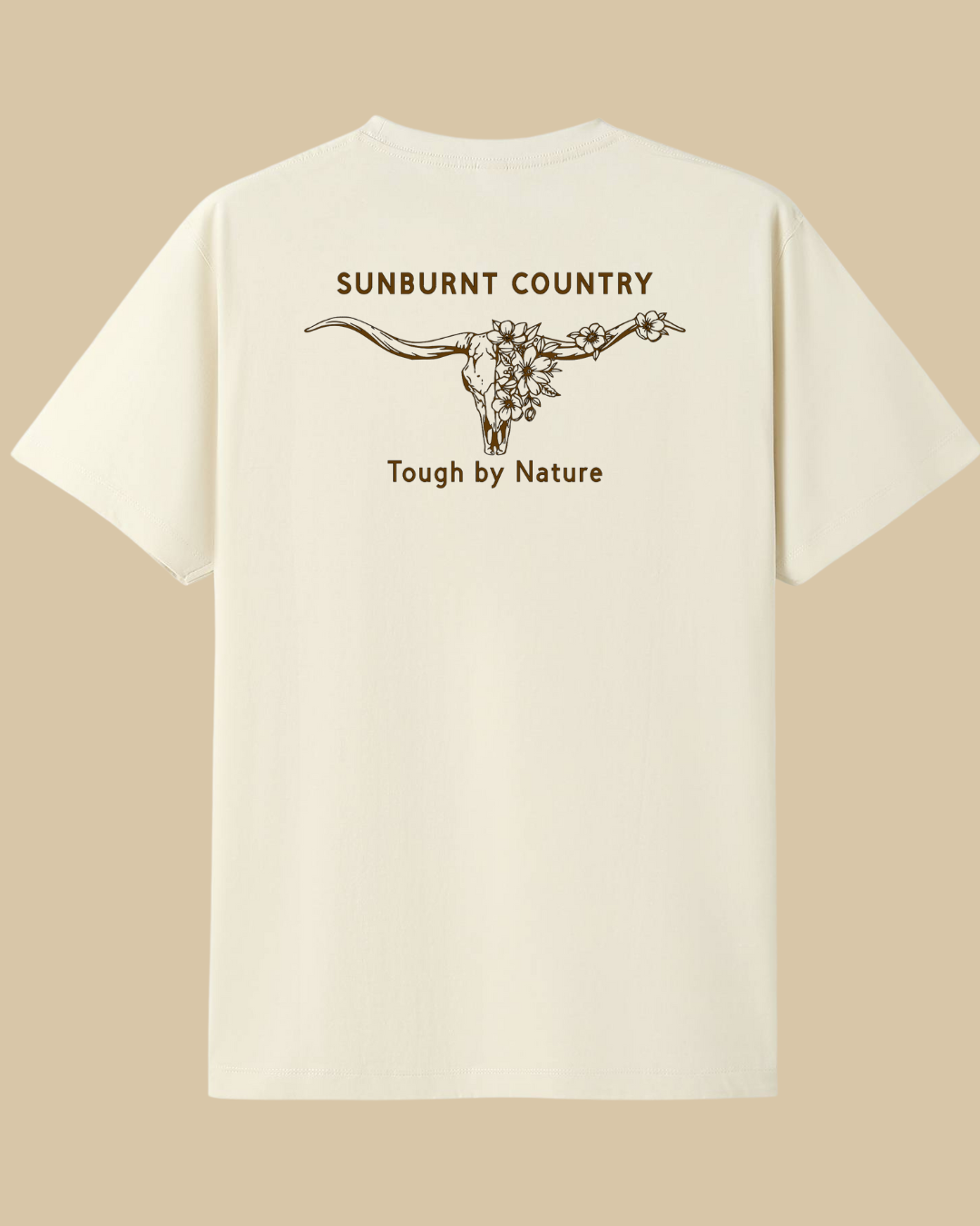 Sunburnt Country Clothing natural t-shirt with text and floral longhorn skull design on the back