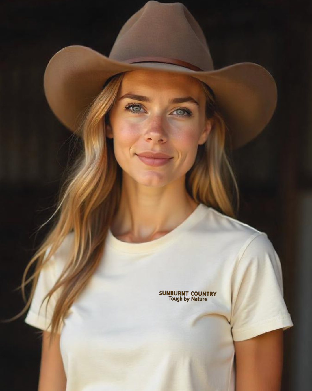 Female model wearing Sunburnt Country Clothing sand t-shirt with text on the front in rural setting