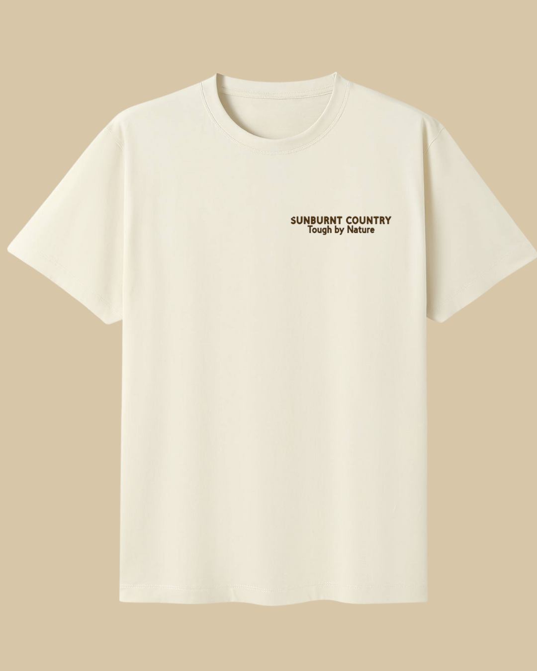 Sunburnt Country Clothing natural t-shirt with text on the front