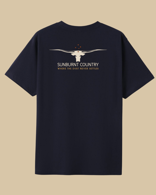 Sunburnt Country Clothing Where the dust never settles tee back print longhorn black country t-shirt