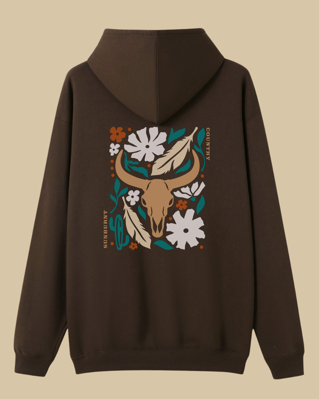 Sunburnt Country Clothing brown hoodie with flowers and longhorn skull design on the back