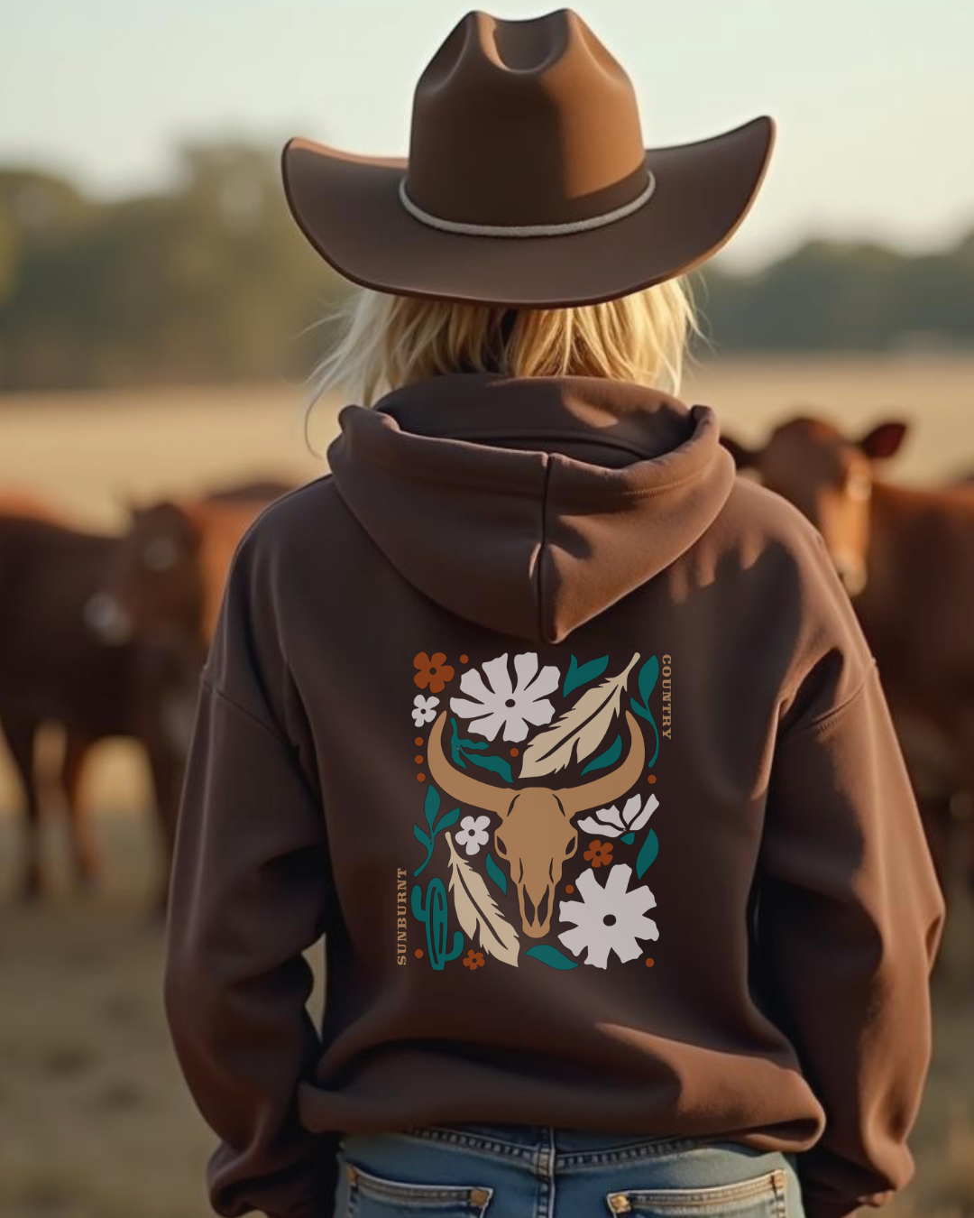 Back of a Female model wearing Sunburnt Country Clothing wild country bloom hoodie in rural setting