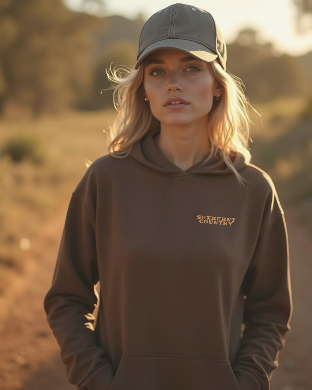 front of a Female model wearing Sunburnt Country Clothing wild country bloom hoodie in rural setting
