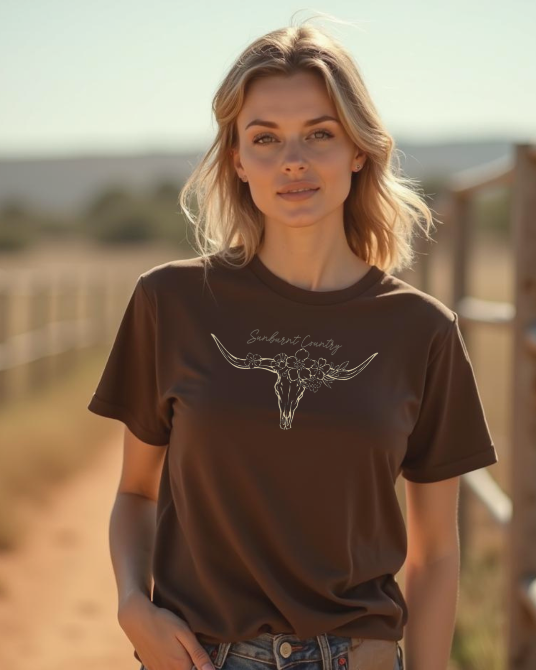 Woman wearing a Sunburnt Country Clothing brown t-shirt with a longhorn skull design outdoors.
