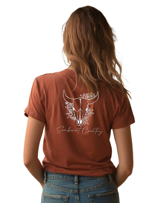 Sunburnt Country Clothing - Ladies Tee - Blooming Skull - Copper