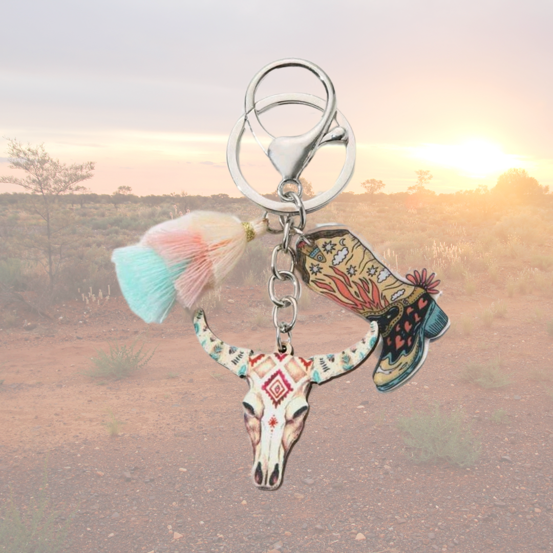 Sunburnt Country Clothing - Boots and Cow Skull Keyring 