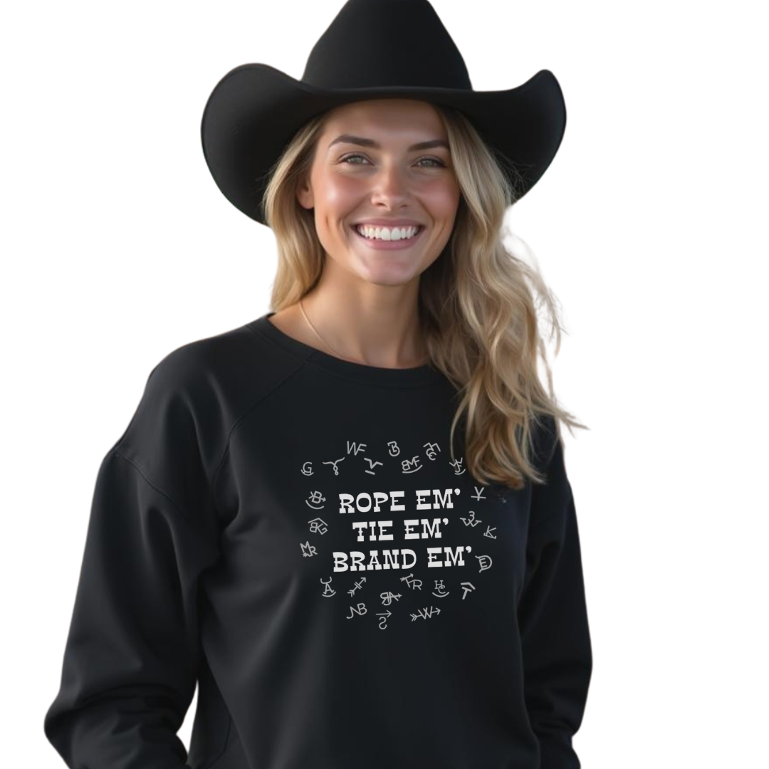 Sunburnt Country Clothing - Crewneck- Rope Em', Tie Em', Brand Em' - Black