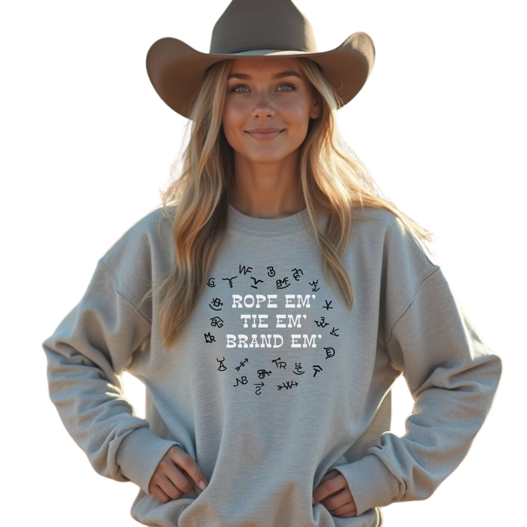 Sunburnt Country Clothing - Crewneck- Rope Em', Tie Em', Brand Em' - Light grey