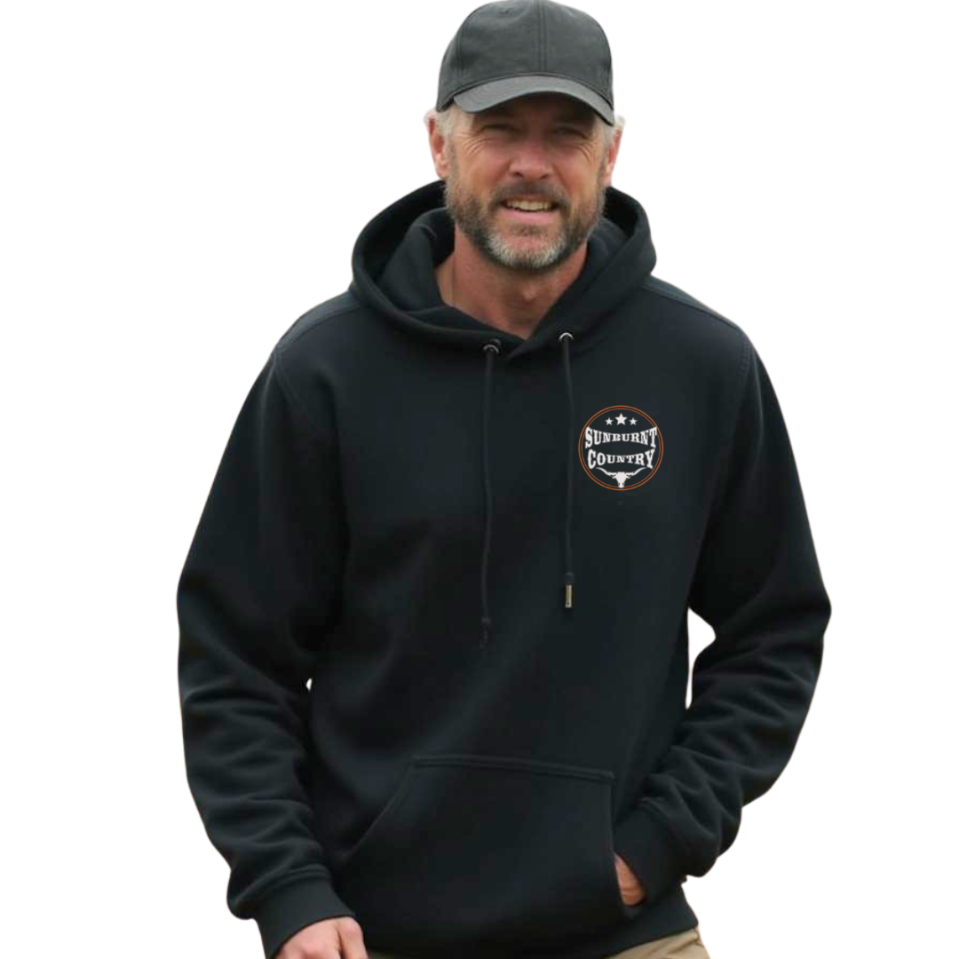Sunburnt Country Clothing - Unisex Hoodie - Rugged Range - Black/Texas Orange