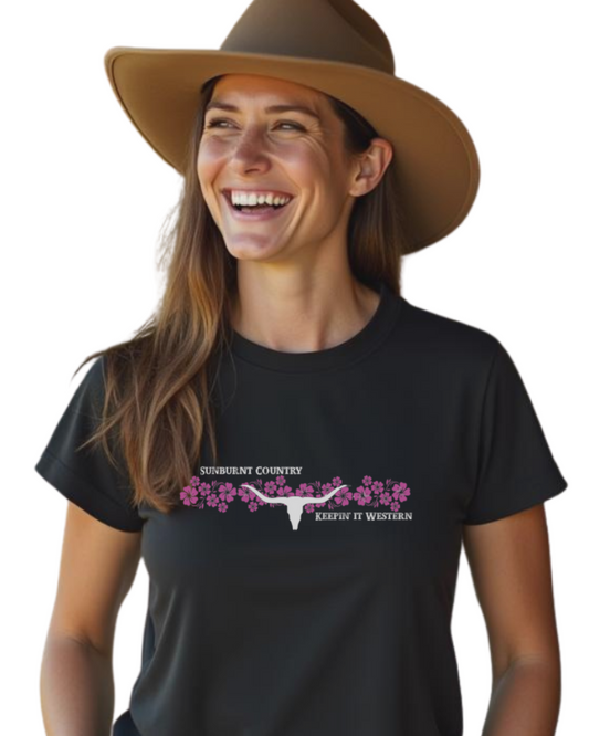 Sunburnt Country Clothing - Ladies Tee - Blooming Longhorn - Black/Pink