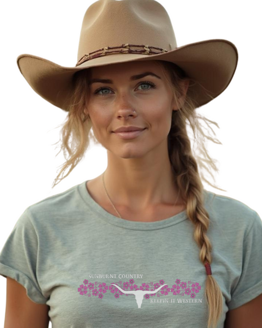 Sunburnt Country Clothing - Ladies Tee - Blooming Longhorn - Grey/Pink