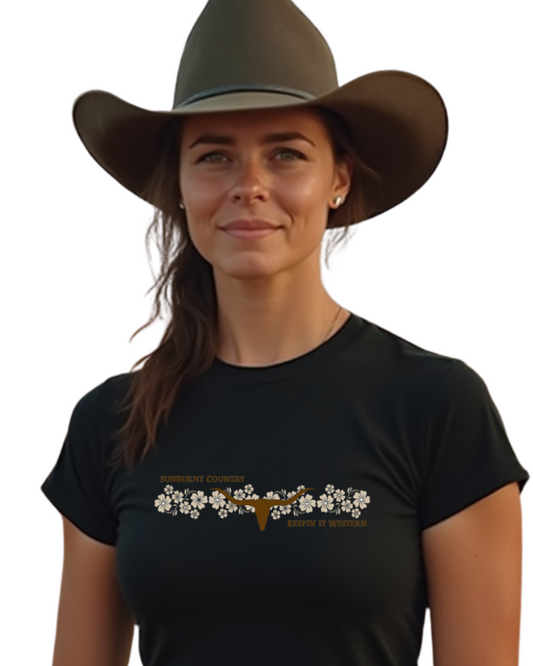 Sunburnt Country Clothing - Ladies Tee - Blooming Longhorn - Brown/Black