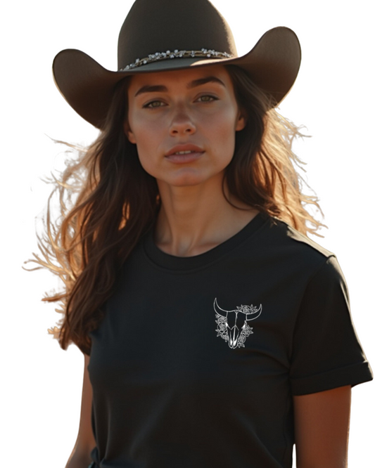 Sunburnt Country Clothing - Ladies Tee - Blooming Skull - Black