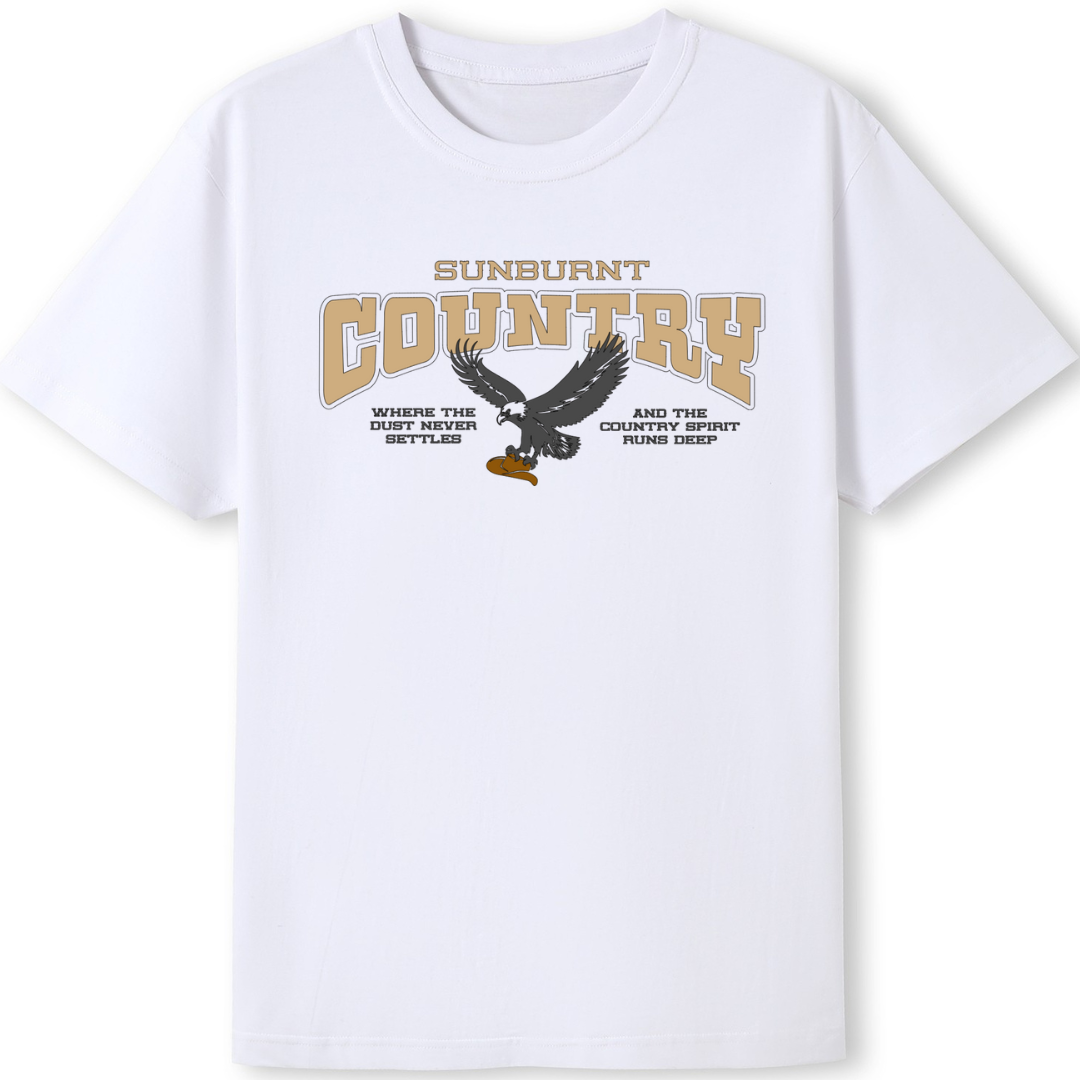 White t-shirt with 'Sunburnt Country' graphic design featuring an eagle on a white background