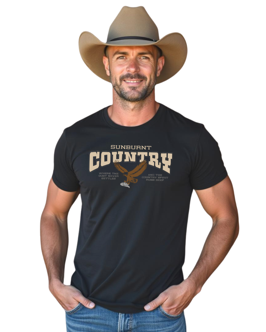 Man wearing a black t-shirt with 'Sunburnt Country' logo and a cowboy hat on a white background
