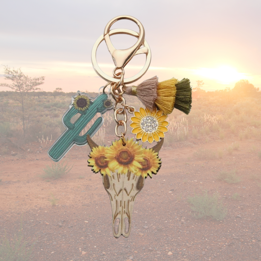 Sunburnt Country Clothing - Sunflower Cow Skull Keyring 