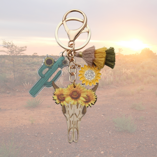 Sunburnt Country Clothing - Sunflower Cow Skull Keyring 