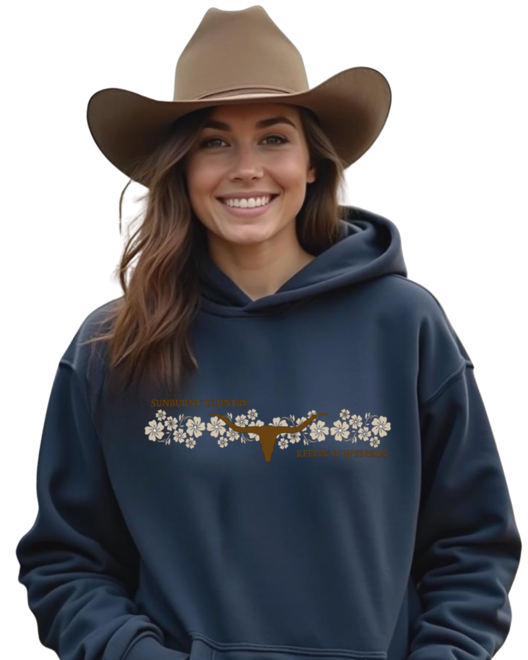 Sunburnt Country Clothing - Hoodie - Floral Longhorn - Brown flowers