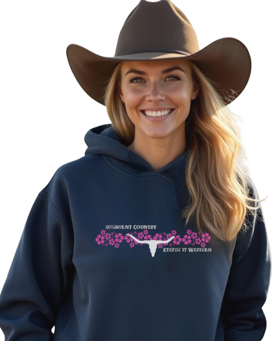 Sunburnt Country Clothing - Hoodie - Floral Longhorn - Pink flowers