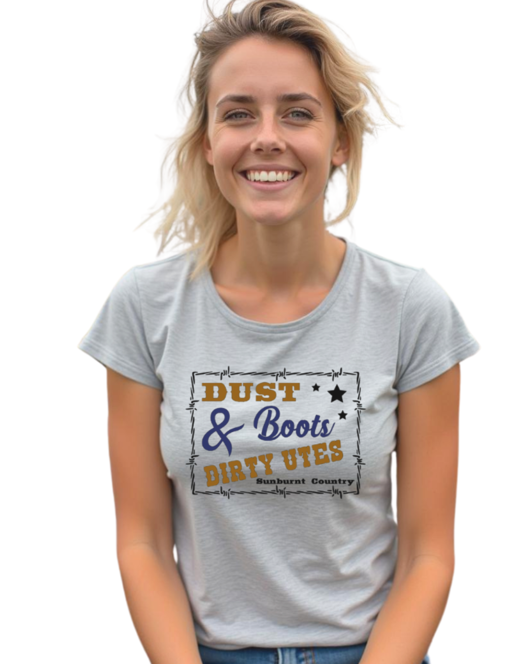 Sunburnt Country Clothing Ladies Tee - Dust & Boots & Dirty Utes
