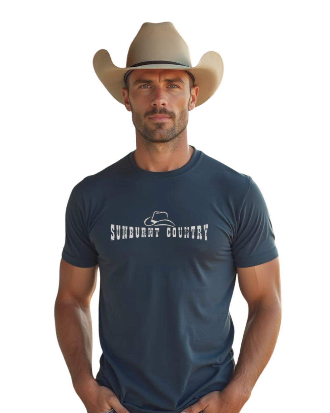 Man wearing a navy blue t-shirt with 'Sunburnt Country' logo and a beige cowboy hat on a white background