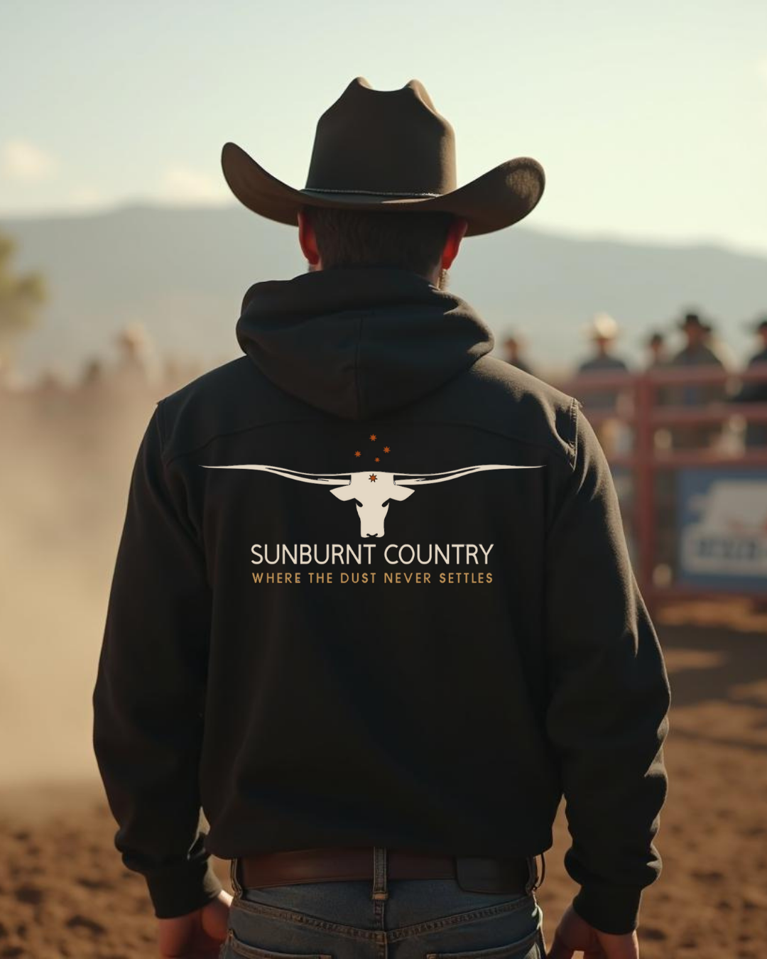 Male model wearing Sunburnt Country Clothing Where the dust never settles hoodie in rural setting