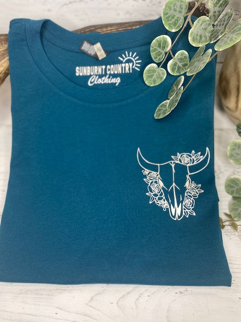 Sunburnt Country Clothing - Ladies Tee - Blooming Skull - Atlantic