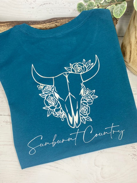 Sunburnt Country Clothing - Ladies Tee - Blooming Skull - Atlantic